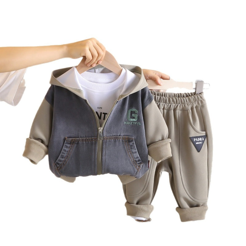 Boys' 2025 New Korean Style Toddler Baby Spring and Autumn Patchwork Denim Hooded Sports Three-Piece Set