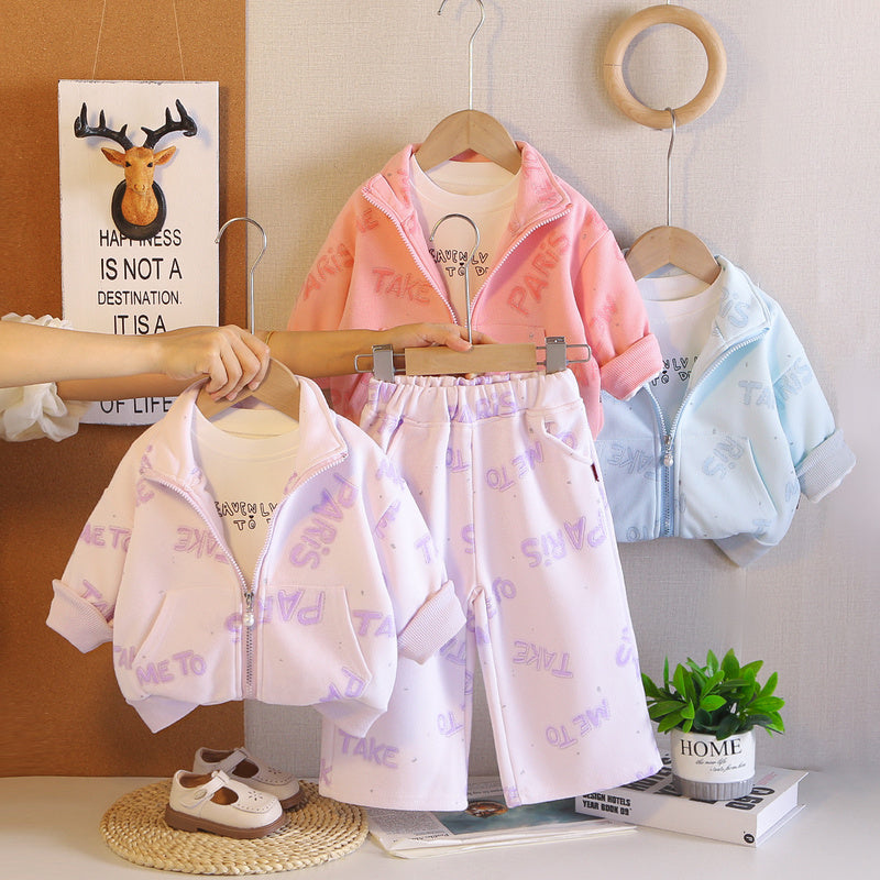 Girls' Spring and 2026 New Fashionable Children's Casual Autumn Outfit with Full Letter Print Three-Piece Set
