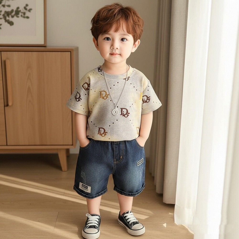 Boys' Outfit 2026 New Fashionable Toddler Summer Outfit, Round Neck Letter Print Short Sleeve Thin Clothing for Little Boys