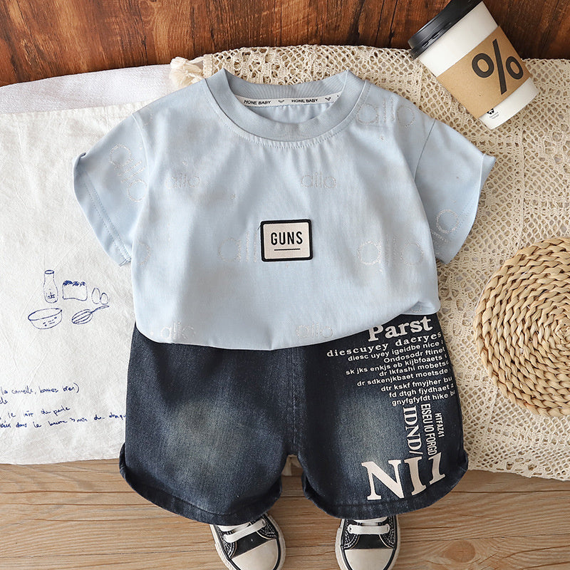 Boys' Summer Outfit 2026 New Style Children's Chest-Logo Short-Sleeve Shorts Two-Piece Set Baby Fashionable Casual Trendy