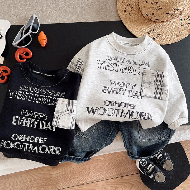 Boys' Spring and Autumn Outfit 2026 New Stylish Infant Children's Clothing Trendy Baby Patchwork Sleeve Round Neck Sweatshirt Two-Piece Set