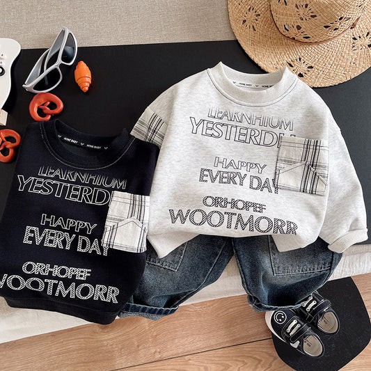Boys' Spring and Autumn Outfit 2026 New Stylish Infant Children's Clothing Trendy Baby Patchwork Sleeve Round Neck Sweatshirt Two-Piece Set