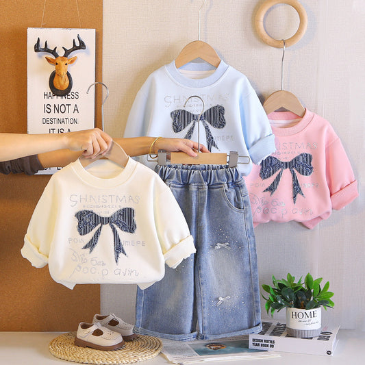 Girls' and Autumn Fashionable Outfit 2026 New Style Baby Girl's Long Sleeve Spring Dress with Big Bow Trendy Children's Sweatshirt