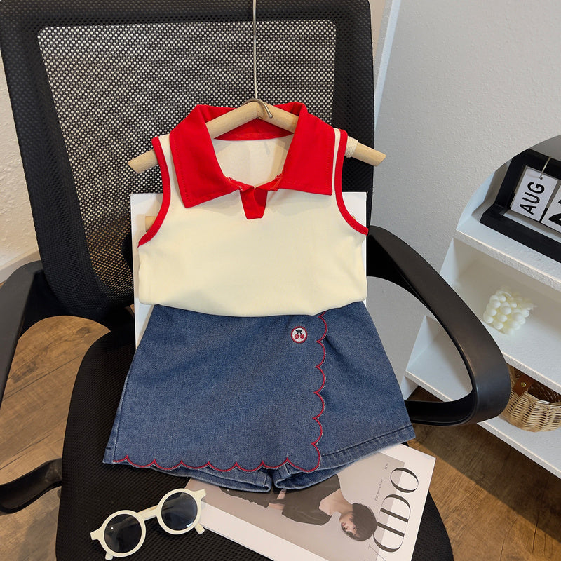 Cute Summer Two-Piece Set for Girls: Fashionable Collared Vest Top with Lace and Embroidered Jeans