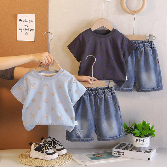 Boys' Outfit 2026 New Fashionable Toddler Summer Clothes with Printed Round Neck Short Sleeve Shirt and Jeans