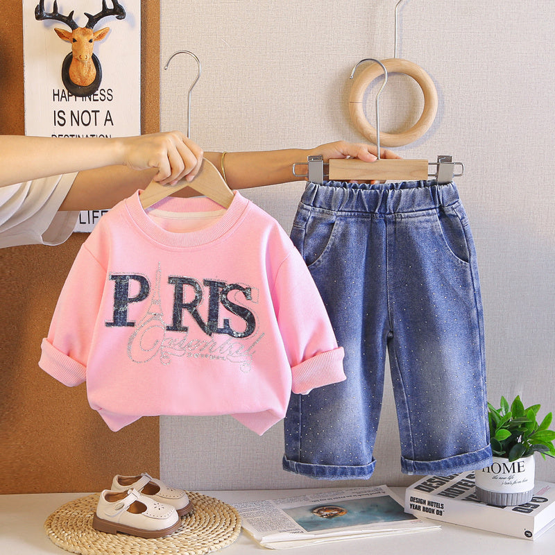 Girls' Spring and Outfit 2026 New Fashionable Baby Girl Autumn Clothing Korean Style Letter Sweatshirt Two-Piece Cartoon Trendy Set