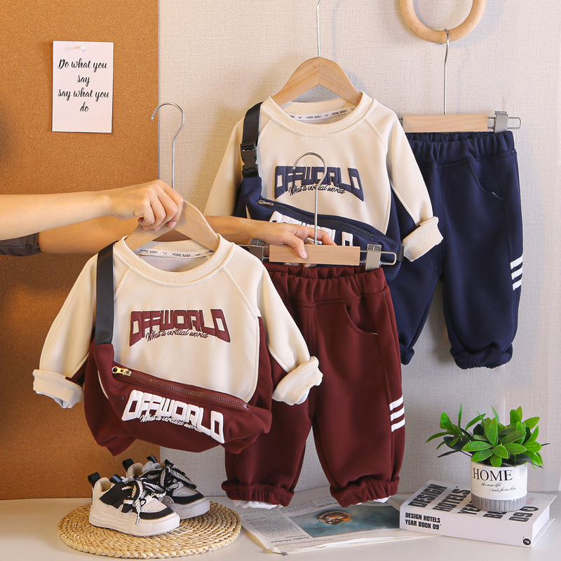 Baby Korean-style sweatshirt bag set, stylish boys' spring autumn clothing, infant and toddler two-piece trendy outfit