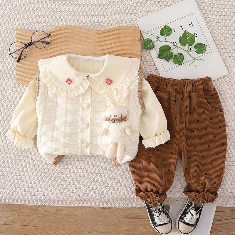 Baby girl spring outfit set, stylish children's clothing for toddlers, 1-3 years old, trendy pocket bunny sweater three-piece set