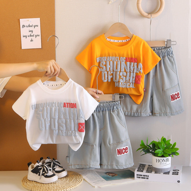 Boys' Stylish Outfit 2026 New Summer Toddler Foam Print Short Sleeve Shorts Set Casual Sportswear