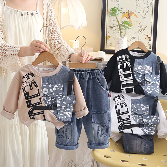 Boys' long-sleeve denim two-pocket sweatshirt set 2026 new baby clothing infant children's spring and autumn fashion