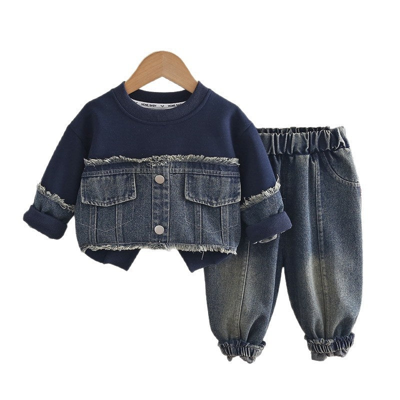 Boys' Outfit Baby 2026 New Fashionable Infant Spring and Autumn Denim Patchwork Sweatshirt Two-Piece Set Trendy