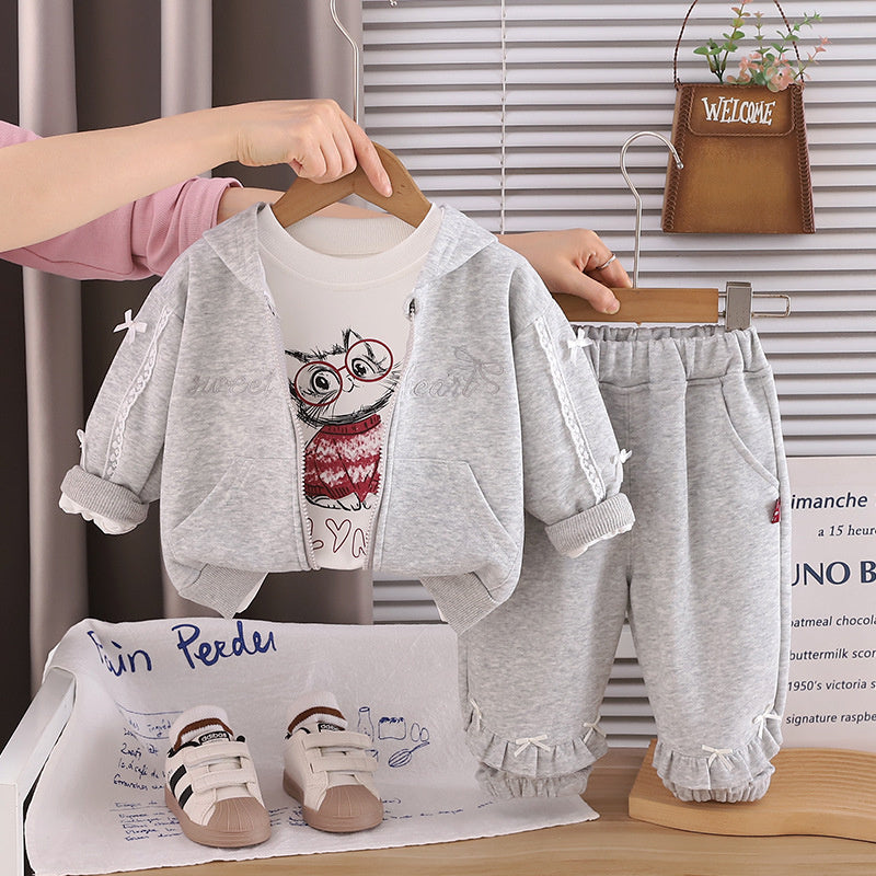 New stylish girls' outfit: sweet hooded bow jacket three-piece set for toddlers, trendy spring and autumn wear