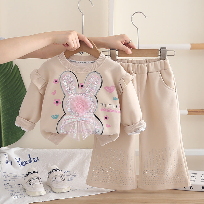 Baby girl casual rabbit sweatshirt two-piece set, children's fashionable outfit, girls' sporty spring and autumn long-sleeve clothing trendy