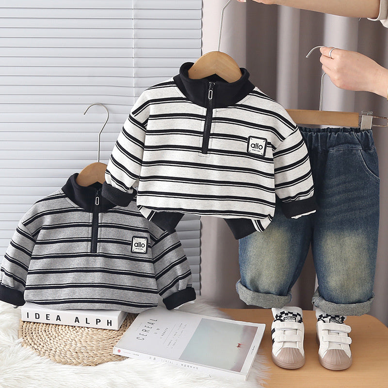 Boys' Spring Outfit 2026 New Loose-Fit Autumn Children's Long-Sleeve Half-Zip Sweatshirt Two-Piece Trendy Set