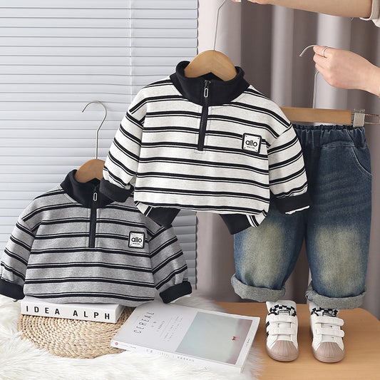 Boys' Spring Outfit 2026 New Loose-Fit Autumn Children's Long-Sleeve Half-Zip Sweatshirt Two-Piece Trendy Set