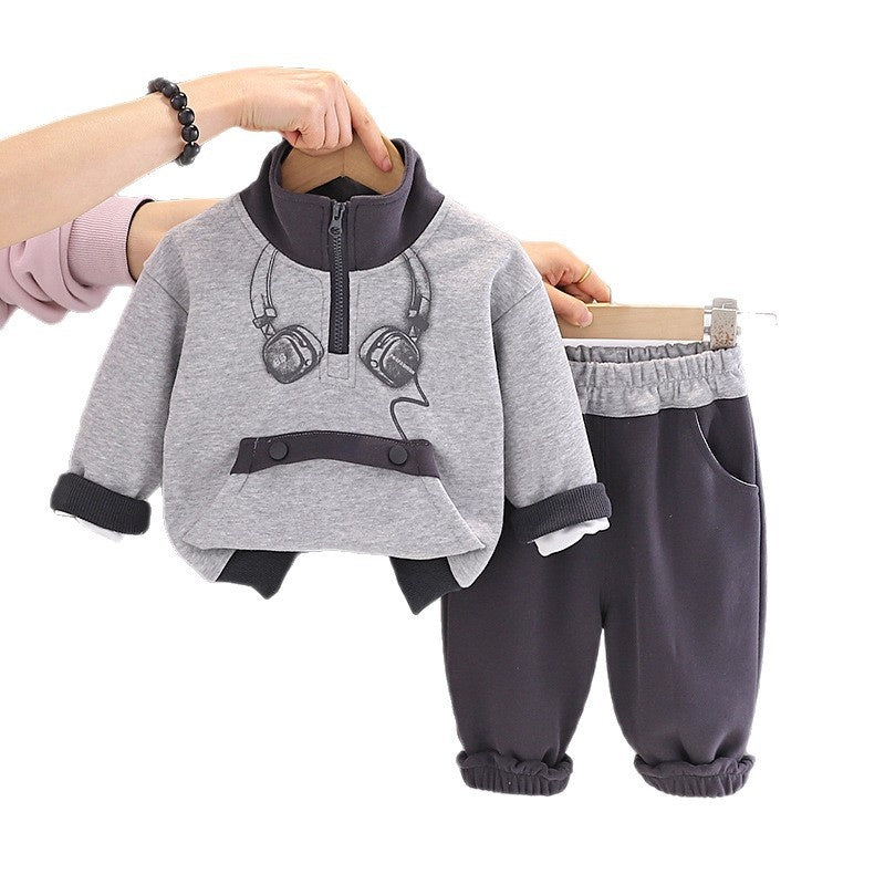 Boys' and Autumn Casual Outfit 2026 Fashionable Baby Headphone Half-Zip Sweatshirt New Two-Piece Set Spring