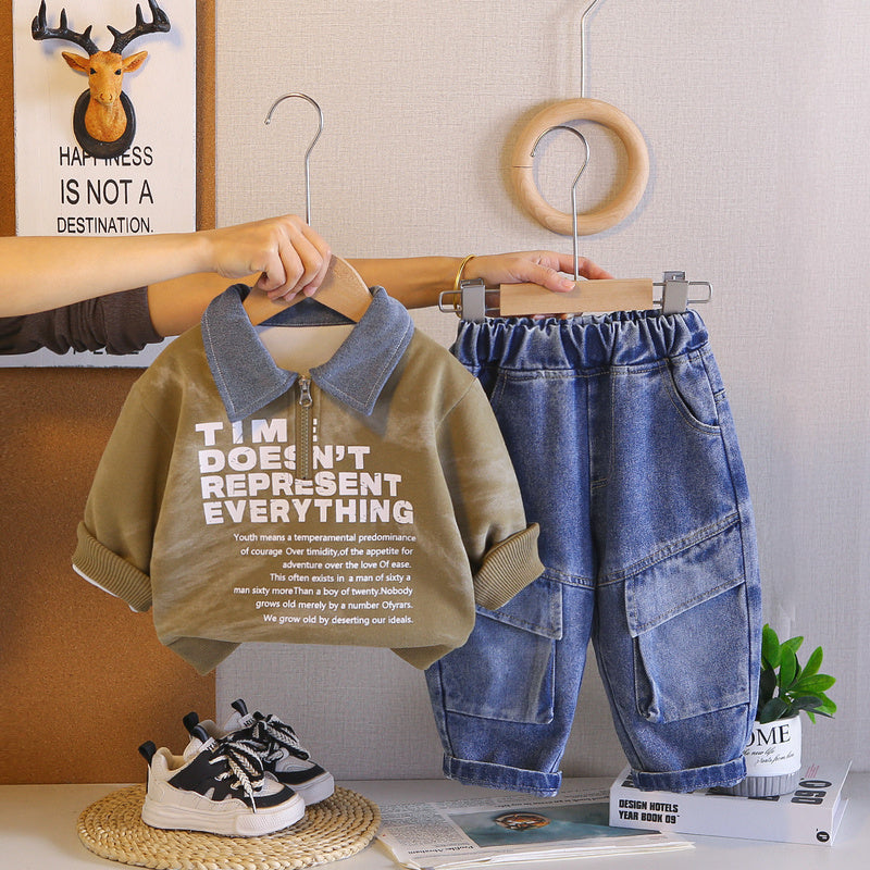 Boys' Outfit 2026 New Style Infant Children's Spring and Autumn Baby Loose Half-Zip Sweatshirt Two-Piece Set