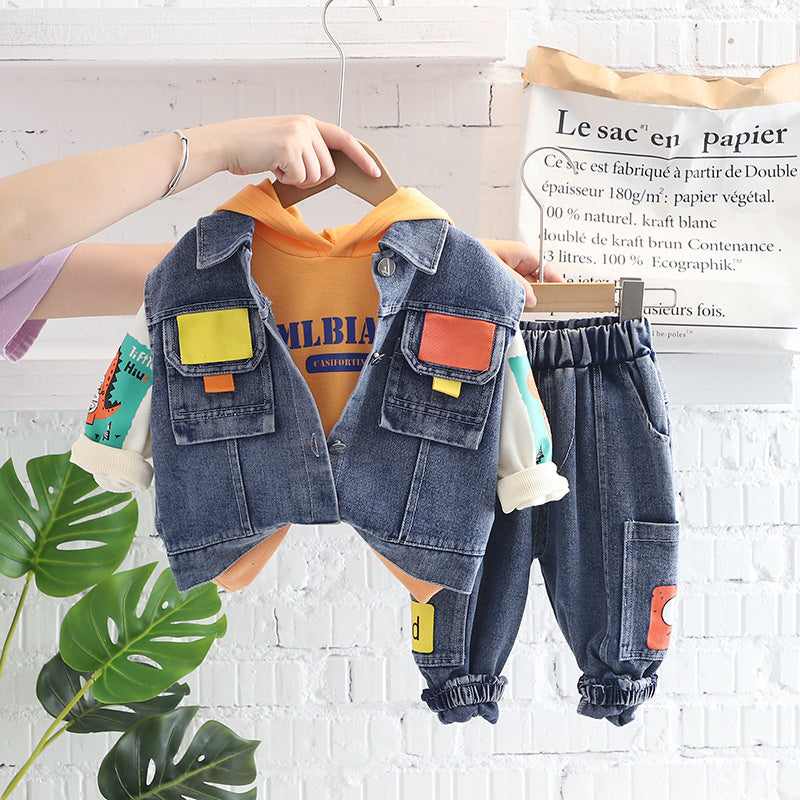 Boys' Clothing Spring and Denim Vest Three-Piece Set Children's Clothes Baby Autumn Outfit 0-1-2 Years Old Trendy
