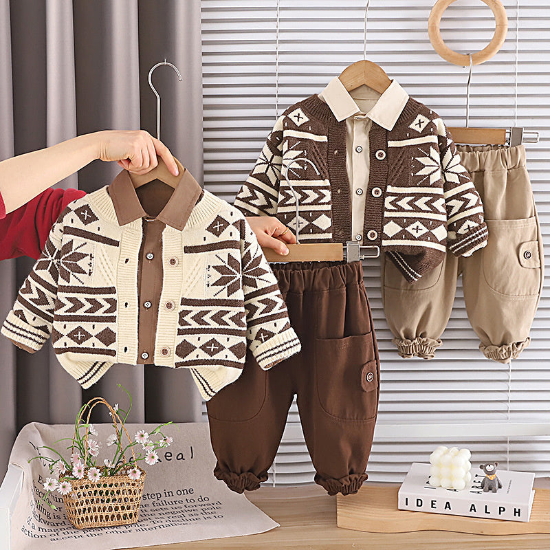 Children's Outfit Spring Clothing 2026 New Style Toddler Sweater Snowflake Jacket Boys' Clothes 1-3 Years Old Three-Piece Set