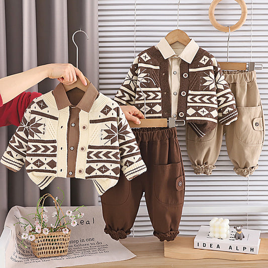 Children's Outfit Spring Clothing 2026 New Style Toddler Sweater Snowflake Jacket Boys' Clothes 1-3 Years Old Three-Piece Set
