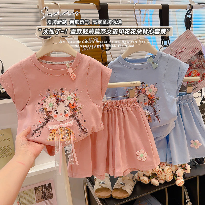 Southeast Asian girls' short-sleeve summer outfit, new stylish loose casual shorts for children, baby cross-border foreign trade