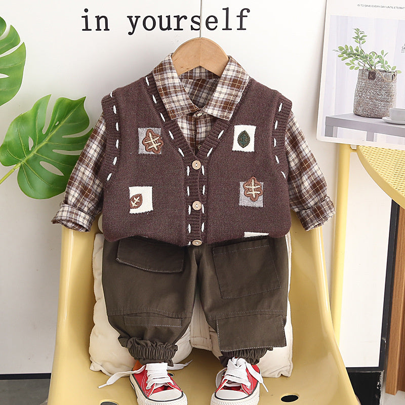 Outfit 2026 New Style Baby Boys' Spring and Autumn Fashionable Korean Version Square Vest Three-Piece Set