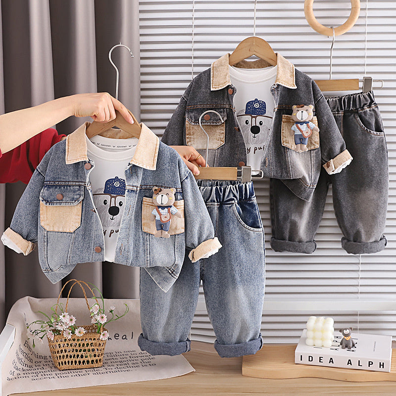 Boys' and Autumn Outfit 1-4 Year Olds, Spring Infant Children's Clothing, Stylish Denim Bear Three-Piece Set for Toddlers