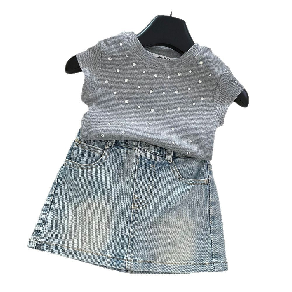 Girls' Summer Korean Style Short Sleeve T-Shirt Set 2025 New Fashionable Baby Girl Two-Piece Outfit with Sparkling Rhinestone Denim Skirt