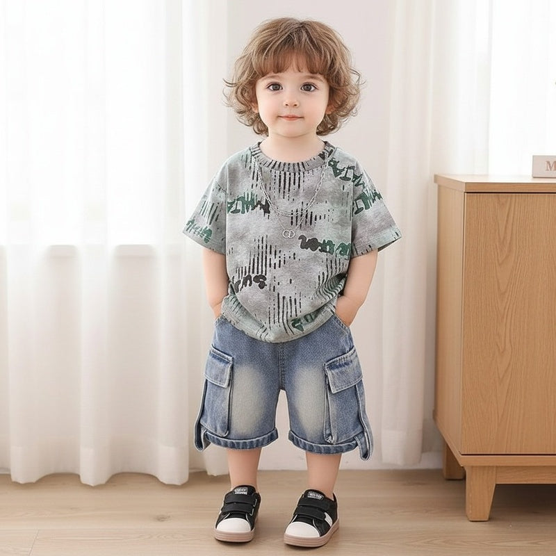 Boys' Summer Outfit Set 2026 New Fashionable Stylish Toddler Short Sleeve Shirt with Gradient Lines and Pants for Baby Boys