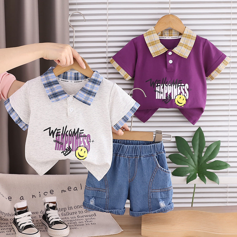 Boys' Outfit 2026 New Fashionable Baby Plaid Smiley Face Short Sleeve Two-Piece Set Children's Summer Clothing