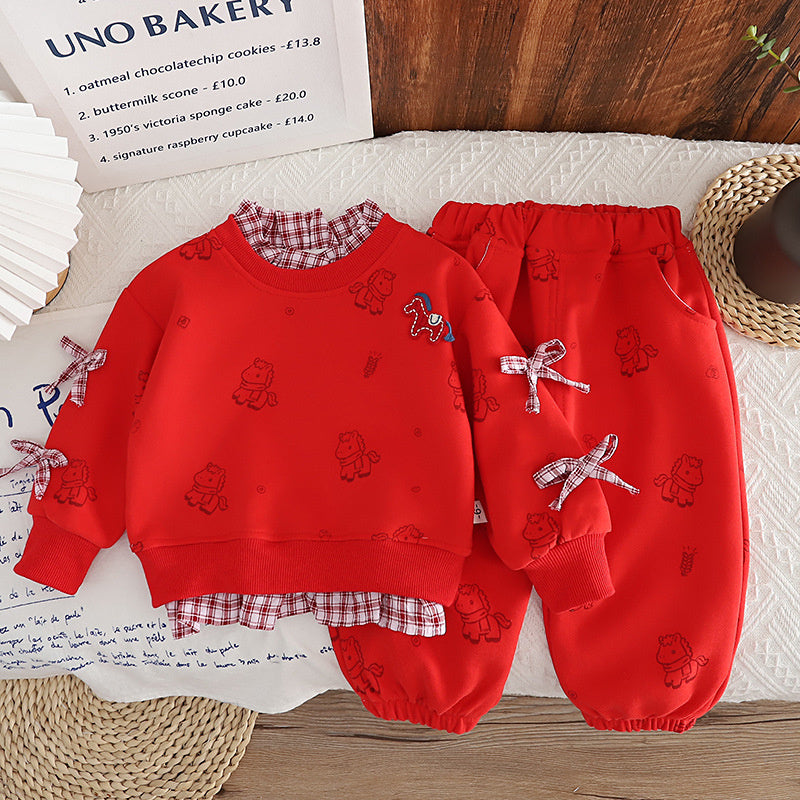 Girls' and Autumn 2026 New Stylish Children's Clothing Full Print Pony Sweatshirt Spring Outfit Baby Girl Long Sleeve Two-Piece Set