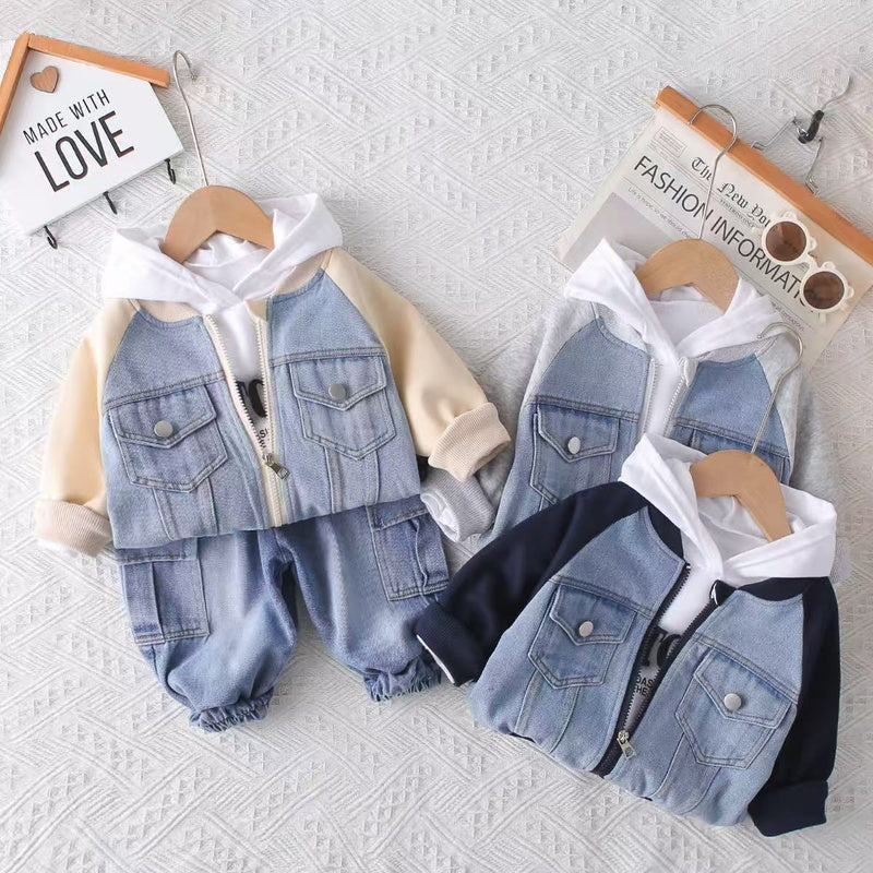 Boys' Autumn Outfit 2025 New Children's Spring-Autumn Denim Color-Block Double-Pocket Three-Piece Set for Toddlers 1-3 Years Old