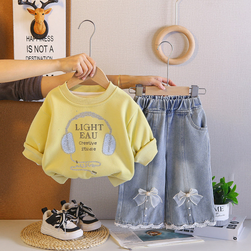 Girls' Rhinestone Earphone Hoodie Set, 2026 New Fashionable Children's Spring Outfit, Cute Two-Piece Set for Babies