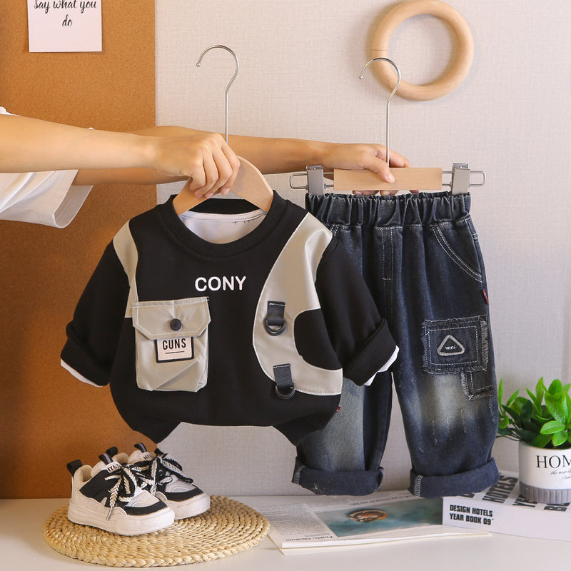 Boys' Stylish and Autumn Set 2026 New Spring Baby Long Sleeve Single Pocket Two-Piece Fashionable Toddler Outfit