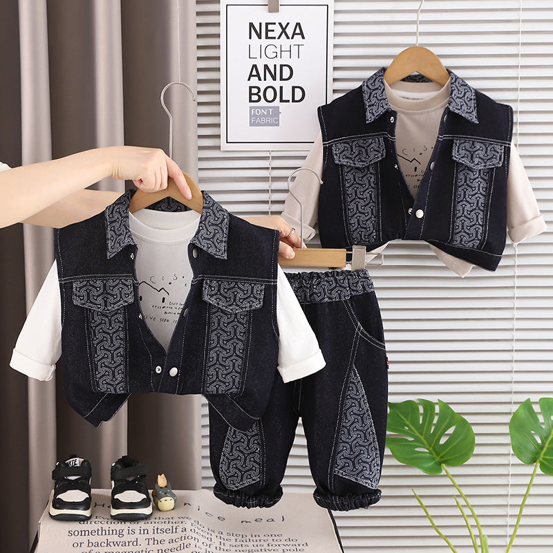 Boys' Autumn Outfit: Color-Contrast Denim Vest 2026 New Fashionable Casual Patchwork Korean Style Three-Piece Set for Children