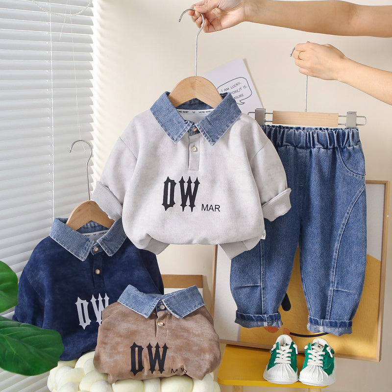 Boys' Spring and 2026 New Set: Children's Korean-style Denim Collar Sweatshirt, Baby's Autumn Two-piece Casual Outfit