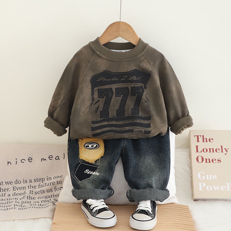 Boys' and Autumn 2025 New Children's Digital Round Neck Sweatshirt Toddler Spring Outfit Baby Clothes Two-Piece Set