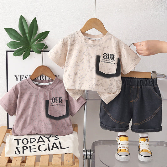 Boys' clothing, children's short-sleeve new style boys, summer letter-print two-piece set, stylish and trendy for ages 1-4