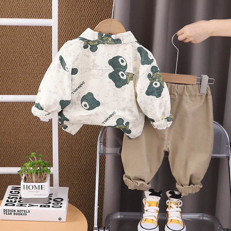 Children's Clothing Boys Spring and 2024 New Full Print Bear Workwear Three-Piece Set Baby Autumn Toddler Clothes Kids