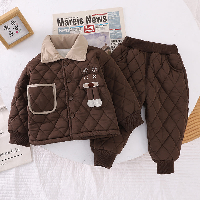 Boys' Autumn and Thickened Jacket with Fleece, Baby Cartoon Plaid Two-Piece Set, Trendy Children's Winter Outfit