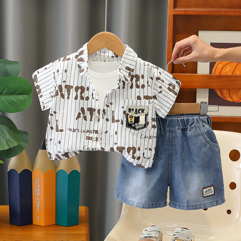 Boys' Outfit 2026 Stylish Thin Short-Sleeve Summer Suit for Boys, Children's Vertical Stripe Letter Shirt Three-Piece Set