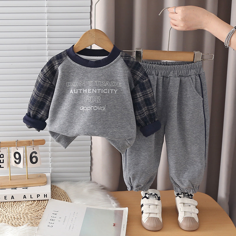 Baby Outfit 2026 New Infant Clothes Spring and Autumn Style Boys' Stylish Casual Plaid Sleeve Sweatshirt Set