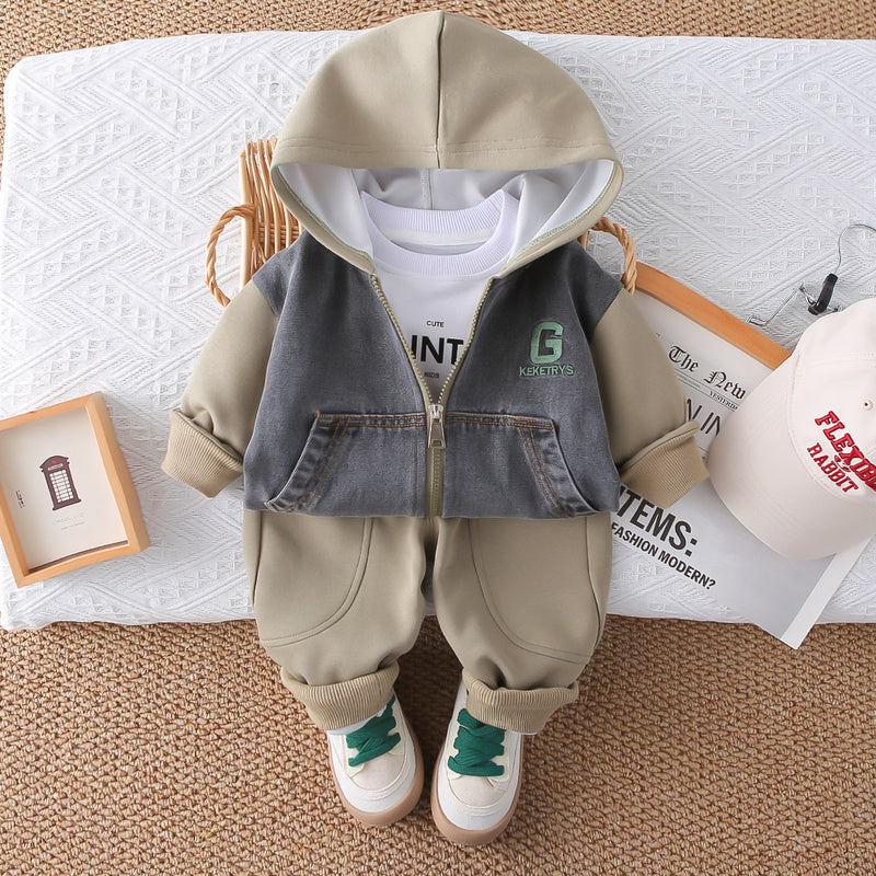 Boys' 2025 New Korean Style Toddler Baby Spring and Autumn Patchwork Denim Hooded Sports Three-Piece Set