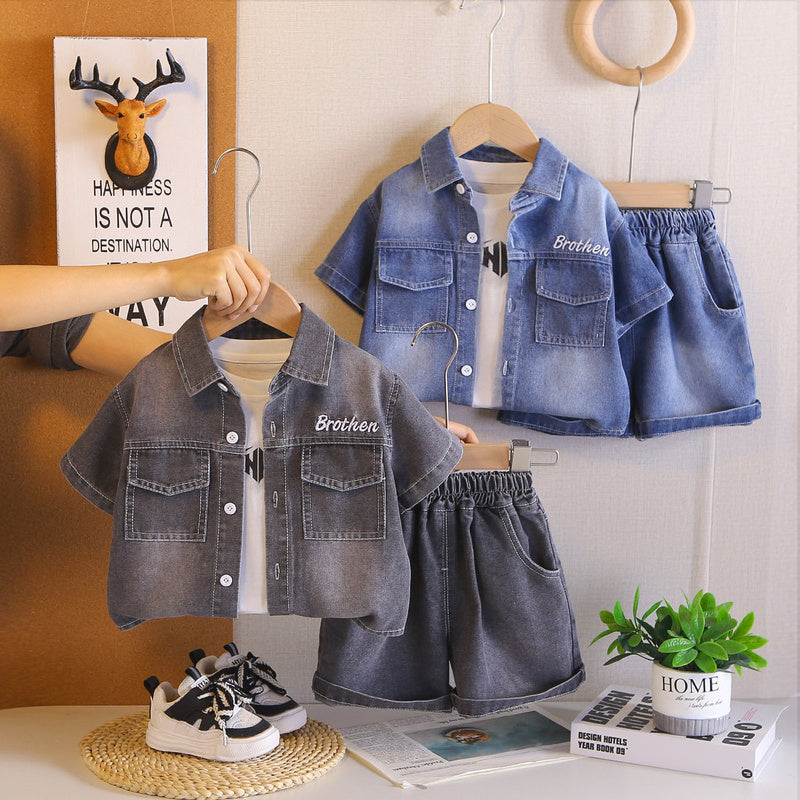 Boys' Outfit 2026 New Style Baby Summer Letter Print Denim Clothes Children's Stylish Short Sleeve Three-Piece Set