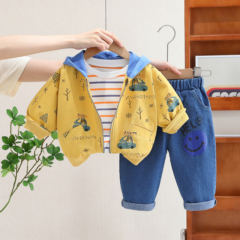 Boys' Autumn Outfit New Korean Version Zipper Hoodie Jacket Baby Stylish Three-Piece Set Wholesale Children's Clothing