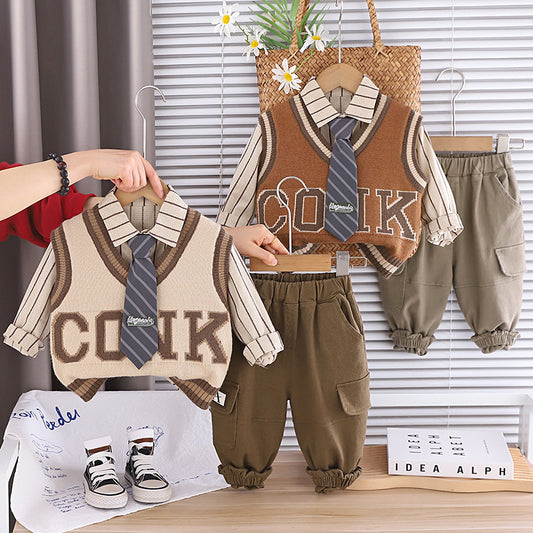 Boys' outfit set, stylish clothing for spring autumn, handsome baby children's wear, British style tie and sweater three-piece set