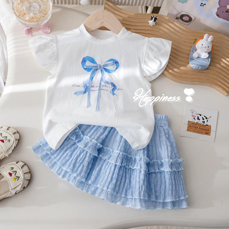 Korean children's clothing girls: outfit with lace bow, flutter-sleeve T-shirt, stylish pleated short skirt, trendy summer wear for girls