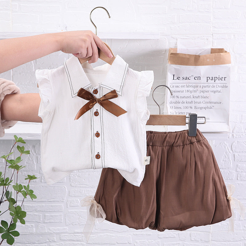 Korean-style casual children's clothing for toddlers young children, featuring fly-sleeve shirt and shorts, a fashionable new summer short-sleeve set