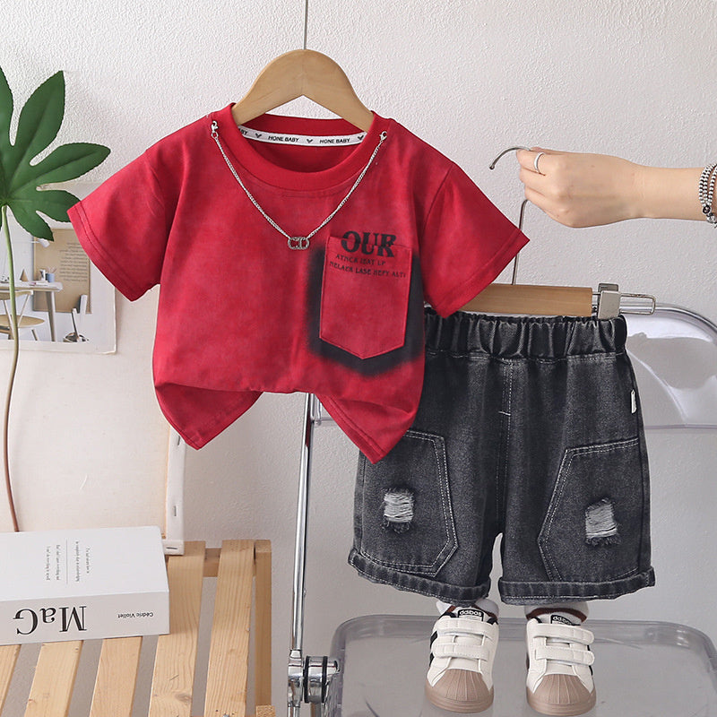Boys' outfit, Korean style clothes for 1-5 year old boys, casual summer wear with pockets, short-sleeved two-piece set, trendy
