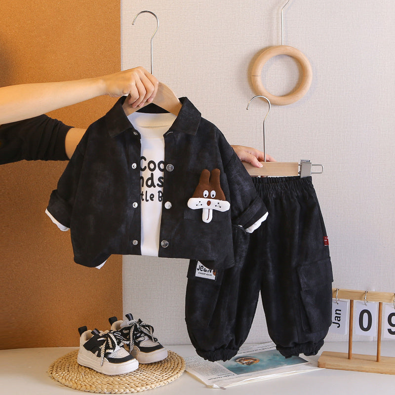 Boys' Autumn Outfit New Fashionable Infant and Children's Clothing Stylish Baby Outerwear Spring Corduroy Shirt Three-Piece Set